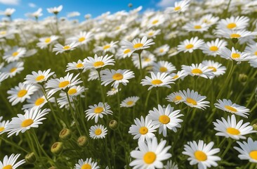 Fototapeta premium Pastoral landscape, copy space,daisy field with blue sky,daisies close-up summer flowers