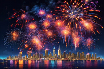 Spectacular fireworks. Vibrant display illuminates cityscape, creating a mesmerizing scene. Perfect for celebration-themed projects.