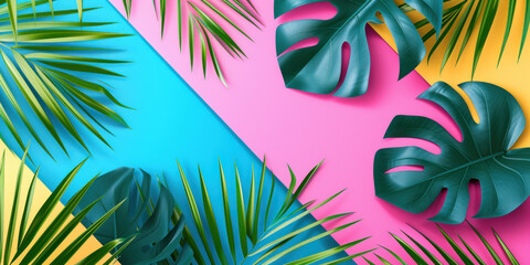 Fototapeta na wymiar Top view Colorful palm leaves tropical background, Minimal fashion summer concept. Flat lay