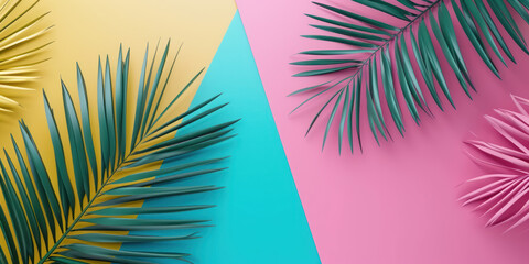 Top view Colorful palm leaves tropical background, Minimal fashion summer concept. Flat lay