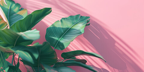 Top view tropical leaves on pink background, Minimal fashion summer holiday concept. Flat lay