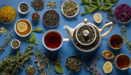 Obraz na płótnie Canvas A table with a variety of teas and herbs