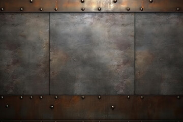 Fototapeta premium Close up of metal plate with rivets, suitable for industrial or construction concepts in design, manufacturing, or engineering visuals.. old rusty metal background