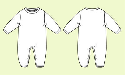 Baby Long-Sleeve Sleeping Romper Fashion Template with Black and White Outlines - Front and Back View Mock-Up