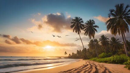 Seagulls and coconut trees with a view of a sandy tropical beach in the afternoon with a sunset sky. No people. AI Generative. Holiday concept. - obrazy, fototapety, plakaty