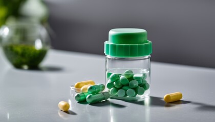 A green pill bottle with green pills and yellow pills