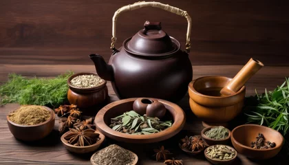 Foto op Aluminium A wooden table with various spices and tea © vivekFx