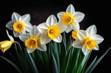 Obraz premium Spring flowers,daffodils on black background,flowers and green leaves