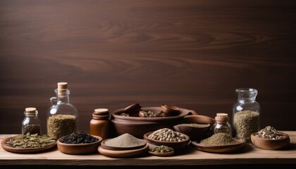 Fototapeta premium Various spices and herbs on a wooden shelf