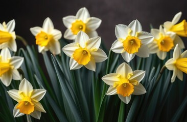 Obraz premium Spring flowers,daffodils on black background, flowers and green leaves