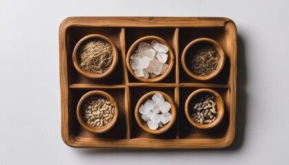 A wooden tray with six small bowls containing different spices