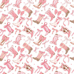 Coquette Pink cowgirl Boots pattern seamless, Girly Western Digital Paper isolated on white background.
