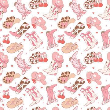 Coquette Pink cowgirl Boots and hat pattern seamless, Girly Western Digital Paper isolated on white background.