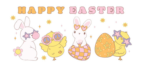 Groovy Easter banner with Chicks and Retro bunny. Playful cartoon doodle animal character hand drawing.