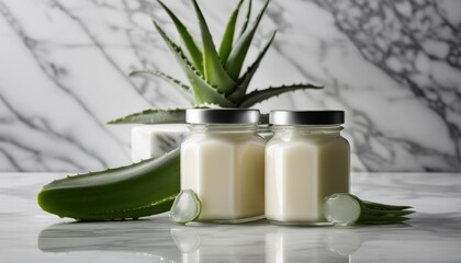 Two jars of white substance with a cucumber slice on top