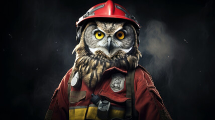 Heroic Firefighter Owl: Majestic Sentinel in Vigilant Pose, Human-Form Owl Adorned in Uniform, Standing Proudly in a Stance of Valor