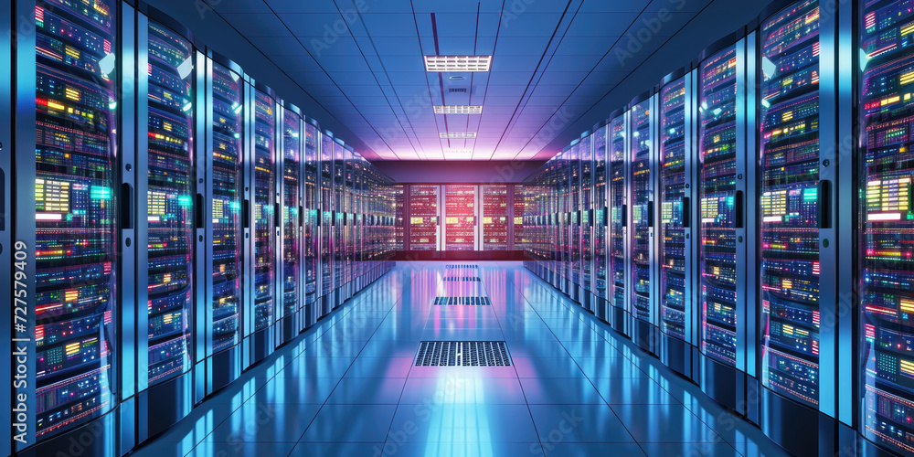 Poster long hallway with rows of servers in a data center. suitable for technology, network infrastructure,