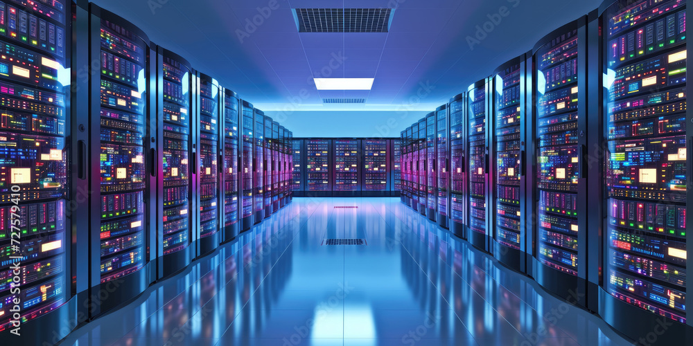 Poster long hallway with rows of servers in a data center. suitable for technology, network infrastructure,