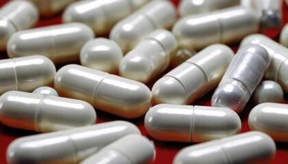 A pile of white pills on a red background