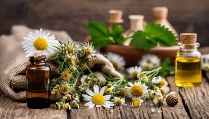 A wooden table with flowers, herbs, and oils on it