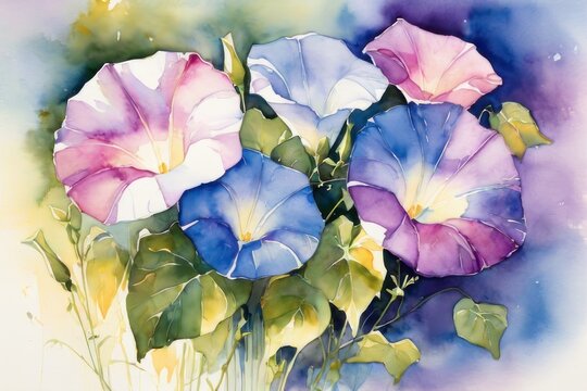 Watercolor painting of morning glory flowers with leaves in the background