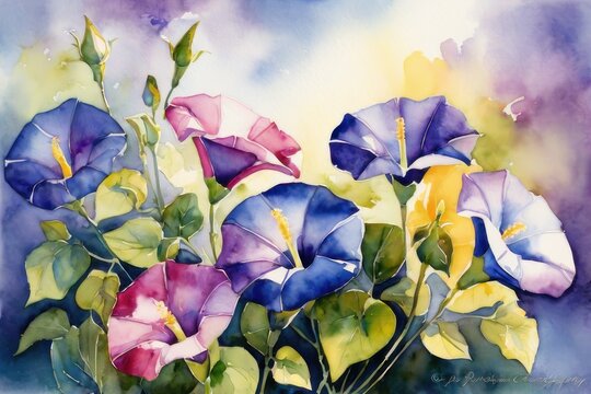 Watercolor painting of morning glory flowers with leaves in the background