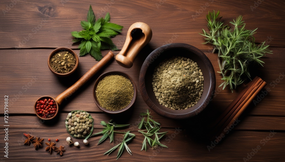 Sticker A wooden table with various spices and herbs on it