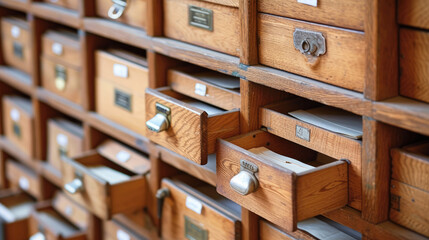 a view of wooden drawers  files in an office, for projects related to corporate organization, administrative tasks, and the importance of a well-managed office environment