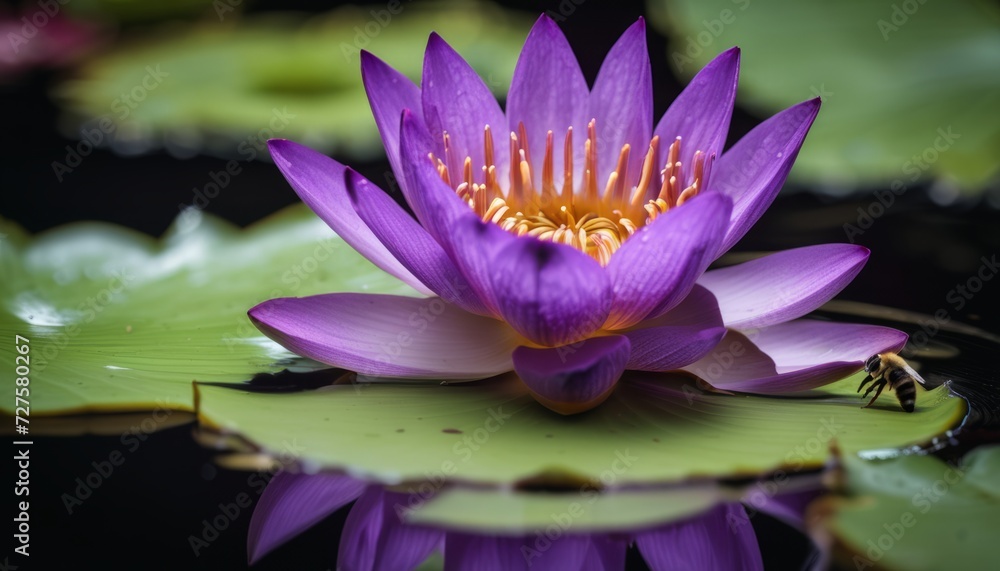 Poster A purple flower with a yellow center is floating on a pond