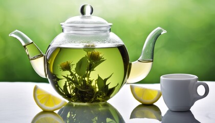 A green tea kettle with lemon wedges and flowers