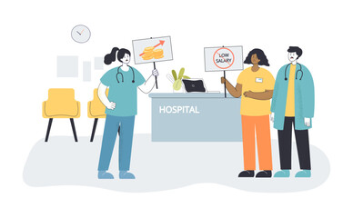 Doctors in uniforms with placards in hospital vector illustration. Medical specialists protesting against low wages and salaries. Medicine, strike, demonstration, labor concept