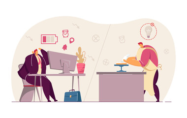 Man working on computer in office and baking cake during off-duty hours. Vector illustration. Man working multiple and part-time jobs. Occupation, hobby, work concept