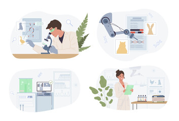 Scientists working in laboratory and breeding new species of animals and insects. Vector illustration set. Microscope, DNA, special equipment, test tubes. Science, modern technology concept