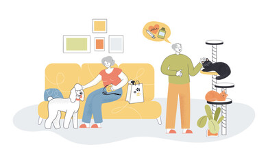 Senior people caring for dogs and cats vector illustration. Elderly woman stroking dog, old man treating his cats. Caring for pets extending retired peoples lives. Old ages, retirement, pet concept