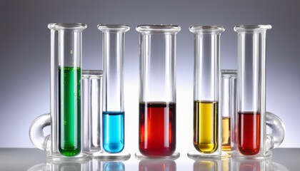Five glass beakers filled with different colored liquids
