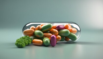 A glass vase filled with colorful pills