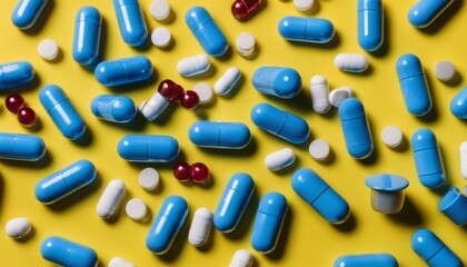 A pile of blue and white pills on a yellow background