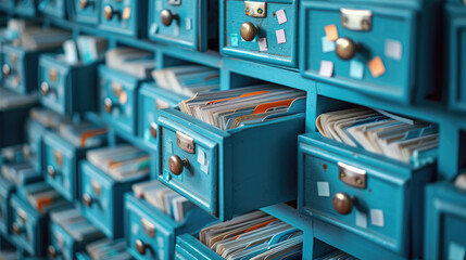 a view of blue wooden drawers  files in an office, for projects related to corporate organization, administrative tasks, and the importance of a well-managed office environment - obrazy, fototapety, plakaty