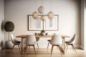 A minimalist dining area with a sleek wooden table and matching chairs, accented by a cluster of pendant lights hanging delicately above.