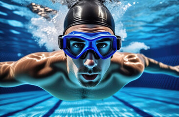 Man Face Underwater, Sportsman Swim Entering,Underwater Swimming Goggles,Close-up Face,Bubbles And Waves