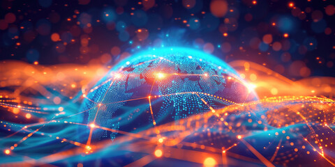 Obraz premium earth Globe with glowing blue and orange background suitable for global futuristic technology, travel, business, education, and communication concepts.