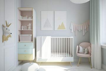 A minimalist nursery with a crib and storage solutions in soft pastel colors. The simplicity creates a soothing environment for the little one