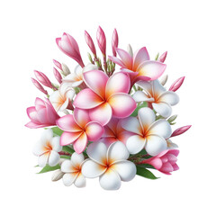 Realistic Frangipani flowers with leaves on transparent background Ai generative.