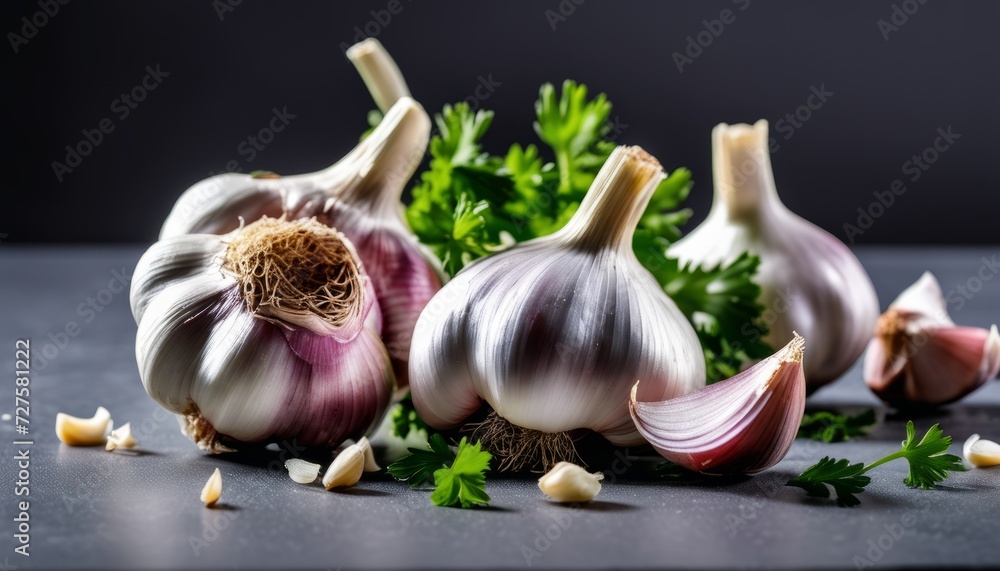 Wall mural A bunch of garlic cloves with herbs on a table