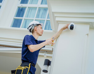 A technician installs a CCTV camera on the facade of a residential building.