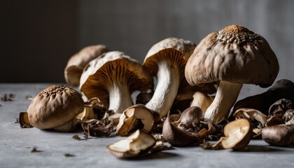 A bunch of mushrooms on a table - obrazy, fototapety, plakaty
