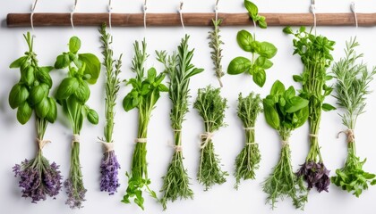 A row of herbs hanging on a wall