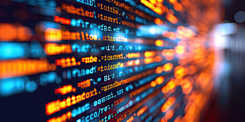 Close up computer screen with Programming code abstract technology background, software developer ,technology, data analysis, finance, and digital information concepts.Computer script - obrazy, fototapety, plakaty