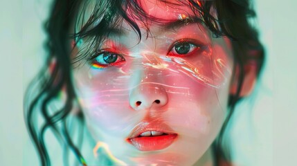 Headshot portraits of a Japanese woman in a high-definition format, creatively glitched to evoke a brutal and impactful visual effect.