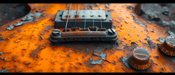 Close Up of Guitar on Rusted Surface - obrazy, fototapety, plakaty